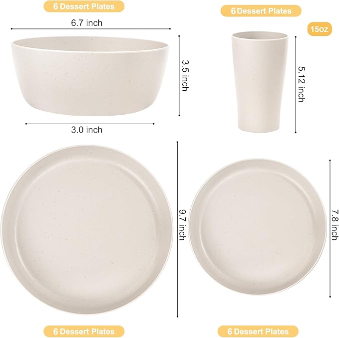EI 24pcs Wheat Straw Dinnerware Set, Beige Wheat Straw Plates, Reusable Unbreakable Plates for Camping, Picnics & Family Dinners