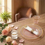 WELLIFE 210Pcs Clear-Pink Plastic Dinnerware- Pink and Gold Plastic Dinnerware include 30 Dinner Plates, 30 Dessert Plates, 90 Gold Silverware, 30 Cups and 30 Napkins Perfect for Parties