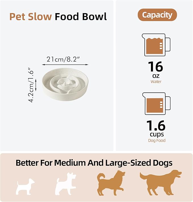 Havniva Ceramic 1.6 Cup Dog Bowl Slow Feeder for Large and Medium Dog, 8.2inch Pet Slow Dish, Stop Bloat, Preventing Choking(Single Bowl, Vanilla White)