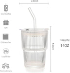Ribbed Glass Tumbler with Lids and Straws, Vintage Clear Glass cups, Large capacity, Unbreakable, Fluted Design, Ideal for Travel, Iced Coffee,Smoothie, Tea, Latte, Gift (2pc 14oz)