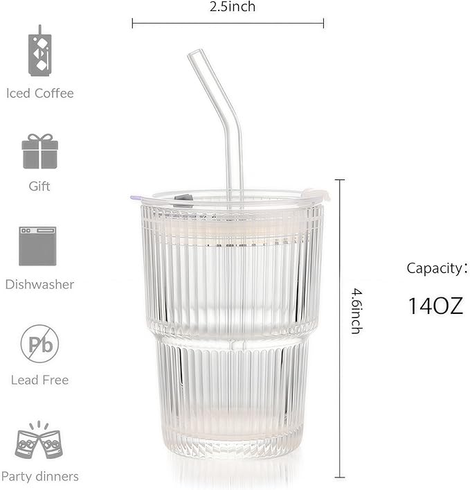 Ribbed Glass Tumbler with Lids and Straws, Vintage Clear Glass cups, Large capacity, Unbreakable, Fluted Design, Ideal for Travel, Iced Coffee,Smoothie, Tea, Latte, Gift (4pc 14oz)