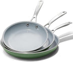 Nonstick Ceramic Frying Pans 8" 9.5" 11" Ceramic Skillets Set with Stainless Steel Handle Omelet Pans Healthy Cooking Chef Pans, PFOA Free, Forest Green