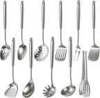 Newness 11 Pcs Cooking Utensils Set, 304 Stainless Steel Kitchen Utensils Set, Metal Kitchen Accessories, Include Soup Ladle, Slotted Skimmer Spoon, Spaghetti Spoon and Spatula, Dishwasher Safe
