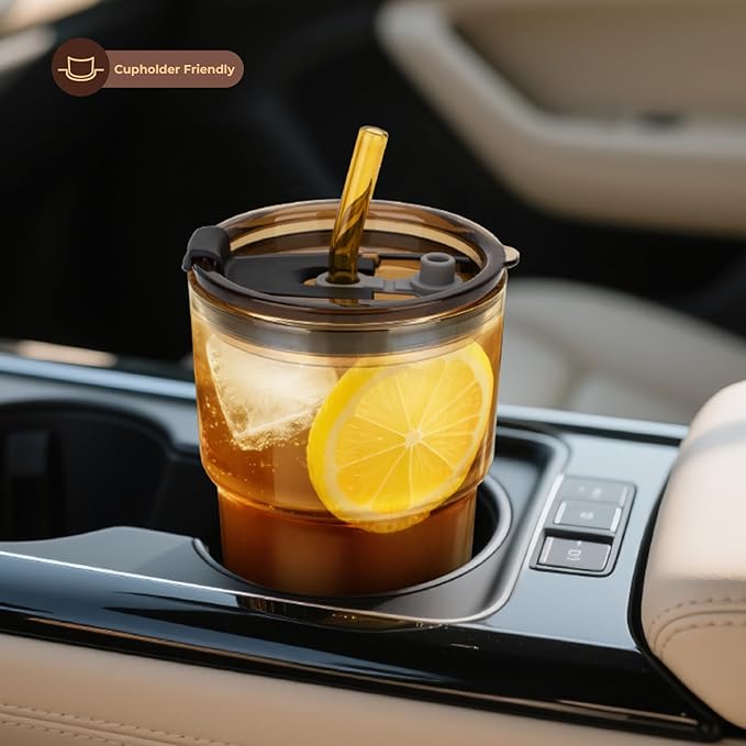 Zukro 13 oz Glass Iced Coffee Cups with Lid and Straw, Leak Proof Glass Tumbler for Ice Tea, Water, Non-Slip Silicone Bottom, Thick Wall Drinking Glasses for Home/Office, BPA Free, Amber & Shrimmer