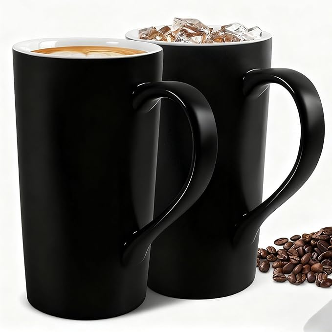 20 OZ Large Diner Coffee Mugs,Tall Beer Cups with Handle Couple's Cups Set of 2,Oversized Cylindrical Design Modern Ceramic Tea Cup for Dad Mom Friends Gift.Matte Black
