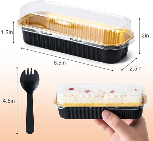 25 Pack Mini Cake Pans with Lids and Spoons, Small Aluminum Foil Loaf Pans, Rectangular Baking Containers for Party and Picnics, 6.8oz (Black/Gold)