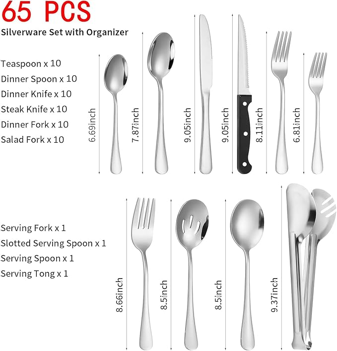 65PCS Silverware Set for 10 with Flatware Drawer Organizer, Stainless Steel Cutlery Set with Steak Knives, Include Spoons and Forks Set & Serving Utensils, Dishwasher Safe, Silver