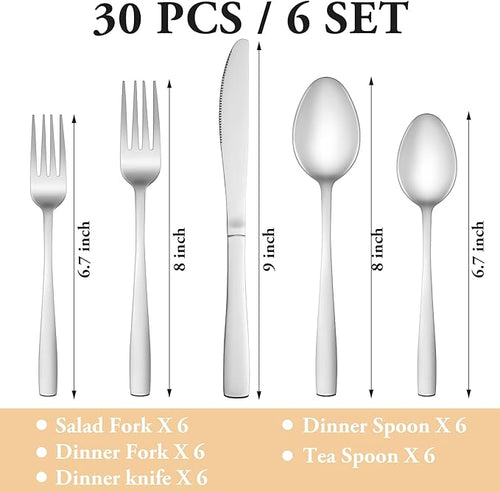 30 Piece Silverware Set Service for 6,Premium Stainless Steel Flatware Set,Mirror Polished Cutlery Utensil Set,Durable Home Kitchen Eating Tableware Set,Include Fork Knife Spoon Set,Dishwasher Safe