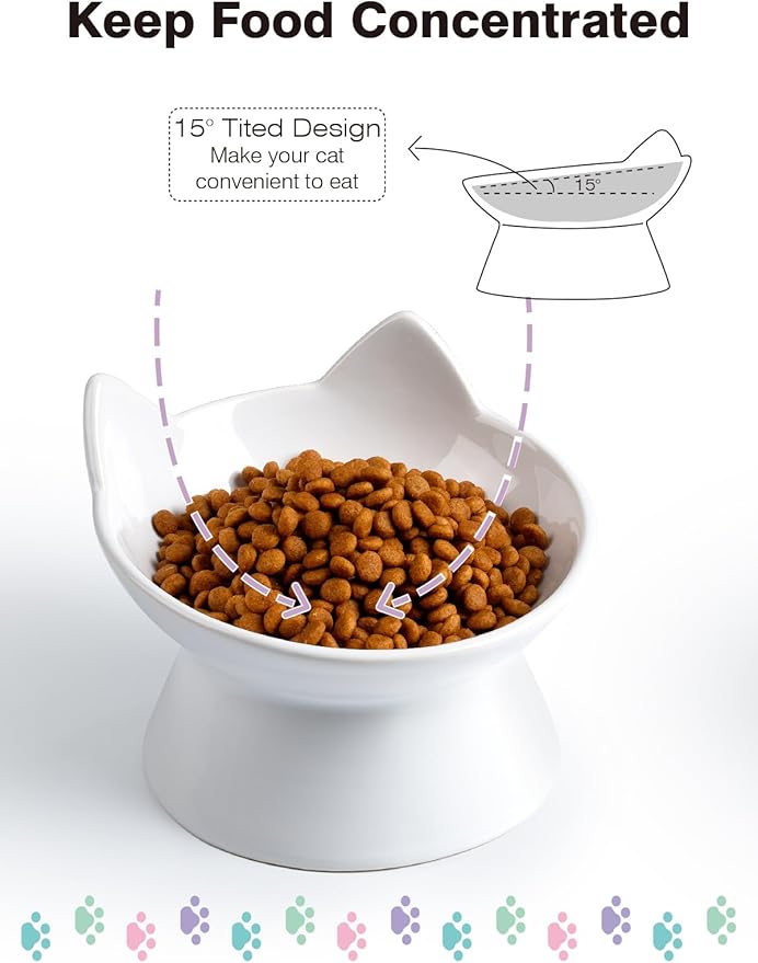 ABRUTY Cat Food Bowl, 5 OZ Ceramic Elevated Kitten Water Bowl, 15° Tilted Raised Pet Feeder, Anti Vomiting and Whisker Friendly Dishes for Fat Faced, Cat, Kitten, Small Dog
