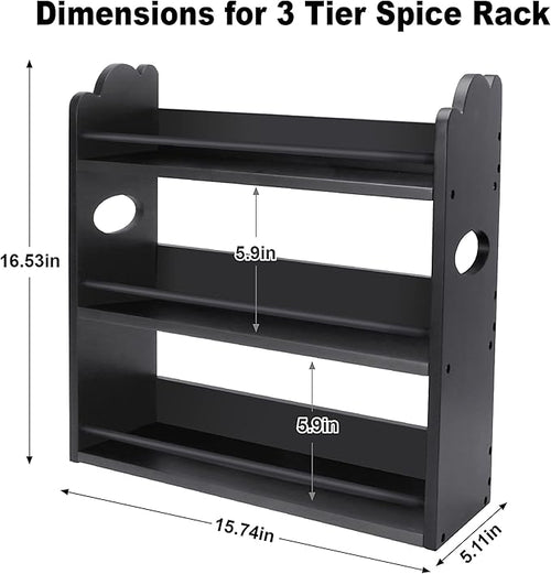 3 Tier Bamboo Spice Rack, Spice Rack Organizer, Seasoning Jars Rack Shelf Spice Organizer for Kitchen Counter or Wall Mounting, Spice Storage Holder with handles, Jars Not Included, Black