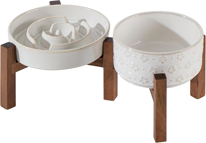 Havniva Ceramic 1.2 Cup Raised Slow Feeder Dog Bowl Set, Elevated 6.1inch Bowl and 7.3inch Dish with Acacia Wood Stand for Small and Medium Dog(2 x Reactived Glaze -White+ Stand)