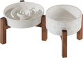 Havniva Ceramic 1.2 Cup Raised Slow Feeder Dog Bowl Set, Elevated 6.1inch Bowl and 7.3inch Dish with Acacia Wood Stand for Small and Medium Dog(2 x Reactived Glaze -White+ Stand)
