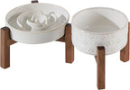 Havniva Ceramic 1.2 Cup Raised Slow Feeder Dog Bowl Set, Elevated 6.1inch Bowl and 7.3inch Dish with Acacia Wood Stand for Small and Medium Dog(2 x Reactived Glaze -White+ Stand)