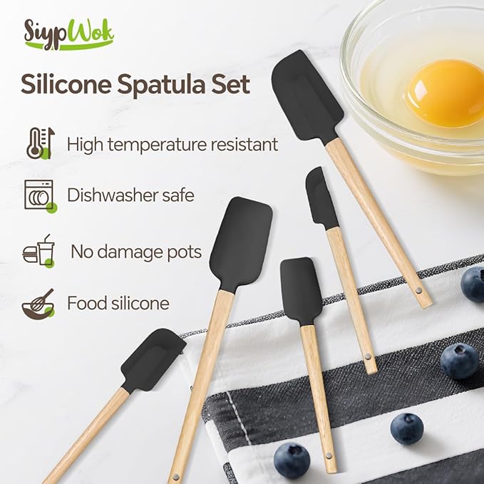 Silicone Spatula Set, Food Grade Rubber Spatula-4 Piece Nonstick Rubber Spatulas, Spoonula, Jar Scraper for Cooking, Baking, Mixing, Frosting - Heat Resistant Up to 600°F (5 Pcs Spatula Black)