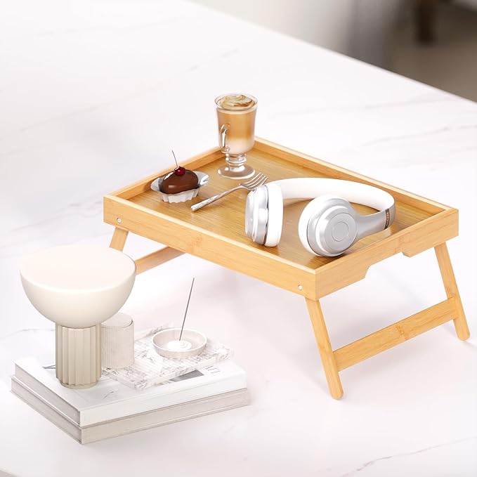 Fibogollo 2 Pack Bamboo Bed Tray Table with Folding Legs,Breakfast Trays,Serving Tray for Food and Snack,Laptop Trays for Working(Natural)