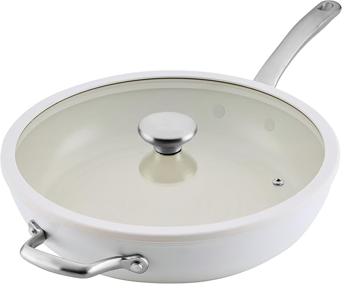 Circulon Halo with LaserDefense Ceramic Nonstick Frying Pan with Helper Handle and Lid, Made without PFAS, Compatible with All Stovetops, Dishwasher and Oven Safe, 12 Inch Skillet - Pearl White