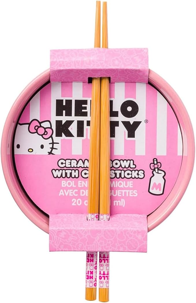 Silver Buffalo Sanrio Hello Kitty Flowers Pattern Ceramic Ramen Noodle Rice Bowl with Chopsticks, Microwave Safe, 20 Ounces