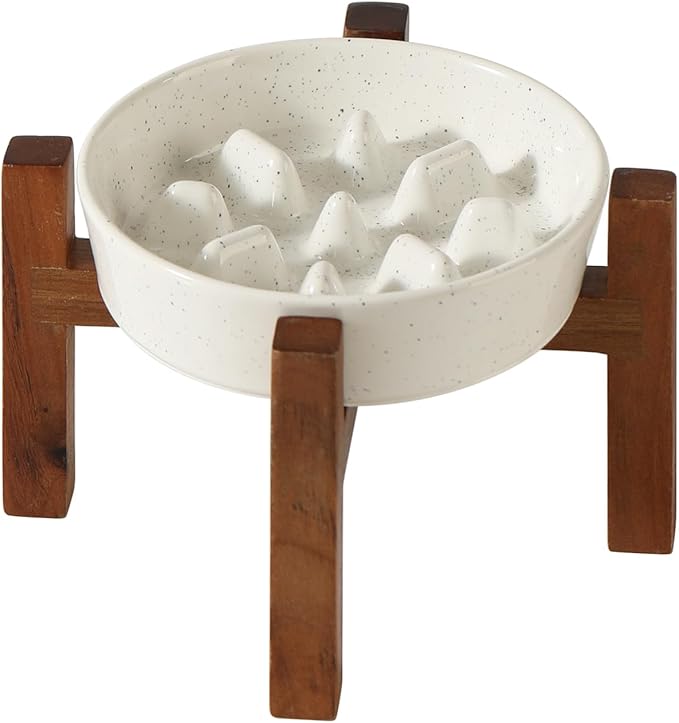 Havniva Ceramic 0.9 Cup Raised Slow Feeder Dog Bowl Set, Elevated Bowl with Acacia Wood Stand for Small Dog and Cat, 6.1inch Slow Dog Food Dish, Helps Stop Bloat(1 Bowl & Stand, Vanilla White)