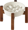 Havniva Ceramic 0.9 Cup Raised Slow Feeder Dog Bowl Set, Elevated Bowl with Acacia Wood Stand for Small Dog and Cat, 6.1inch Slow Dog Food Dish, Helps Stop Bloat(1 Bowl & Stand, Vanilla White)