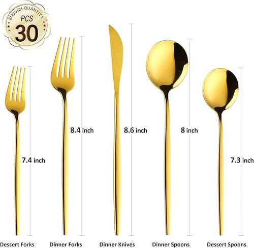 30-Pieces Gold Flatware Set, Gold Silverware Set for 6,Tableware Fine Dining Utensil Set Include Knives Forks and Spoons,Circular Fine Handle Cutlery Decorate Wedding Mirror Polished,Dishwasher