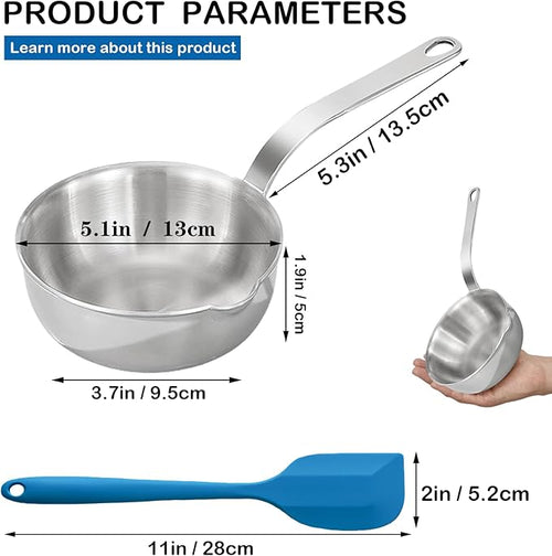 5.1-Inch Mini Egg Pan, Sauce Pan Mini Skillet, 304 Stainless Steel Omelet Pan for Egg Frying Pan, Butter Warmer Small Pot Cooking with 11" Scraper,Blue