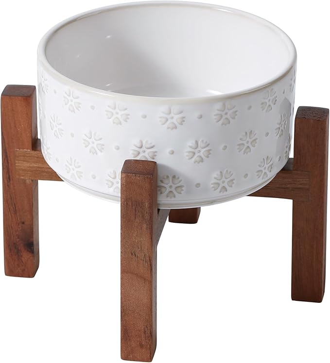 Havniva Ceramic 6.1inch Raised Dog and Cat Bowl Set, 2 Heights Elevated with Acacia Wood Stand, Food and Water Bowl for Small Breed Dogs, Weighted Dog Dishes(27oz, Arctic White)