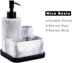 ZCCZ White Soap Dispenser with Sponge Holder, Kitchen Soap Dispenser Pump, Sponge Caddy and Brush Holder 3 in 1 Set Organizer for Sink Countertop, Removable Tray, Marble Look (Brush NOT Included)