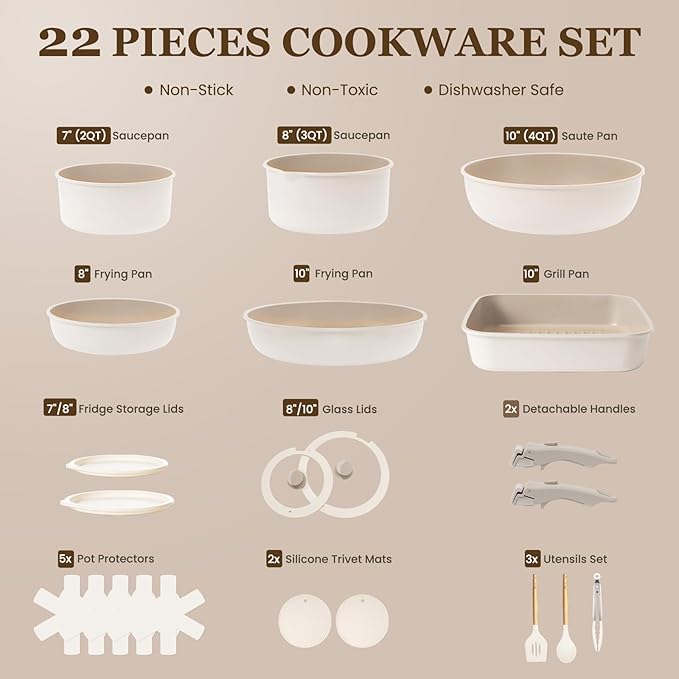 KIKCOIN Nonstick Pots and Pans Set, 22 Pack Ceramic Cookware Set with Detachable Handle, Induction RV Kitchen Cooking Set with Removable Handle, Frying Pans - Dishwasher/Oven Safe, PFOA Free