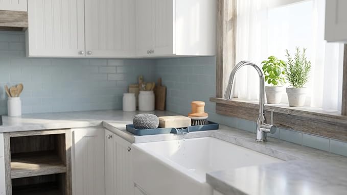 Happitasa Silicone Soap Dish Tray and Sponge Holder with Drain Chute | Bathroom and Kitchen Sink Organizer Caddy (Smoky Blue, 12"x4", 7.4 Ounces)