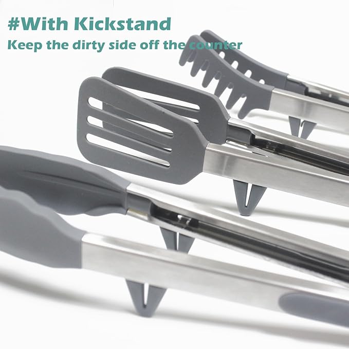 Tongs for Cooking, 12" Kitchen Tongs with Silicone Tips, Food Grade Serving Tongs Set of 3, Grey