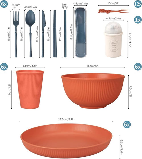66 Pcs Dinnerware Sets, Unbreakable Plates and Bowls Sets, Reusable Dinnerware Sets for 6 People, Travel Camping Picnic Home Party Cutlery Set, Dishwasher Microwave Safe Dishes