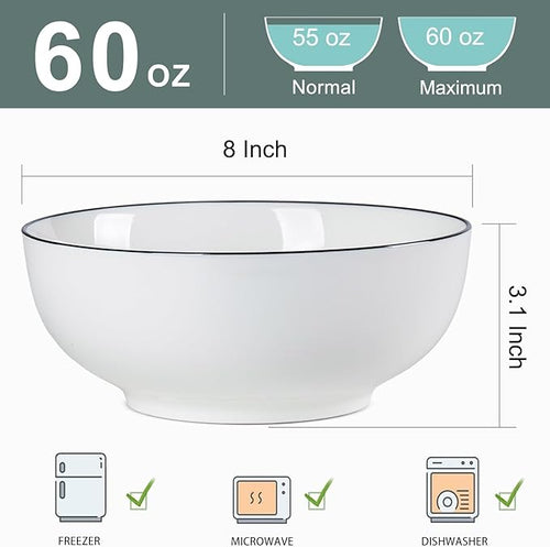 60 oz Large Pho Soup Bowls, Large Ramen Bowls, Rimmed Off-White Big Ceramic Bowls Set of 3, 8 Inch