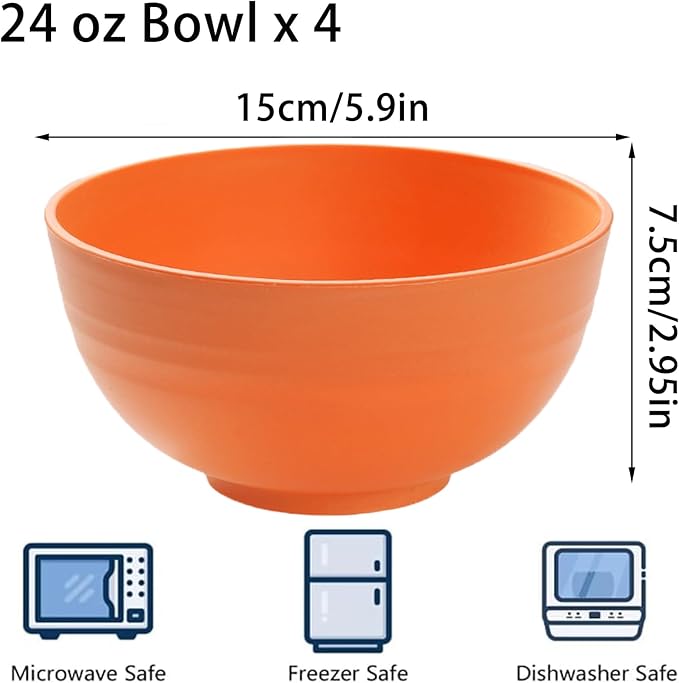 Unbreakable Wheat Straw Cereal Bowls Set of 4, 24 OZ Microwave and Dishwasher Safe Lightweight Soup and Salad Bowl Sets, Reusable Dessert Bowls for Rice, Pasta, Snack, Fruit, BPA Free (Orange)