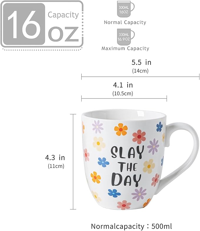 16 OZ Coffee Mugs Set of 6, Aesthetic Cute Cups with Retro Floral Pattern, Inspirational Affirmation Gifts for Women, Coworkers, Friends, Ceramic, (White)