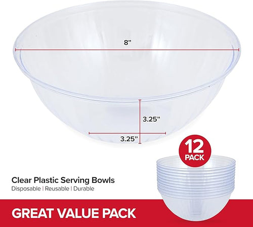 48 oz Clear Plastic Serving Bowls (12 Pack) Disposable Candy Dishes, Buffet Containers for Chips, Popcorn, Snacks, Mints, Salad Bar, Snack Bowl Parties, Office Desk, Bridal Shower, Party Supplies