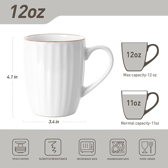 famiware Coffee Mugs Sets for 6, 12 oz Mug Set, Coffee Cups with Handle for Coffee, Tea, Cocoa and Milk, Microwave and Dishwasher Safe, White Stripe