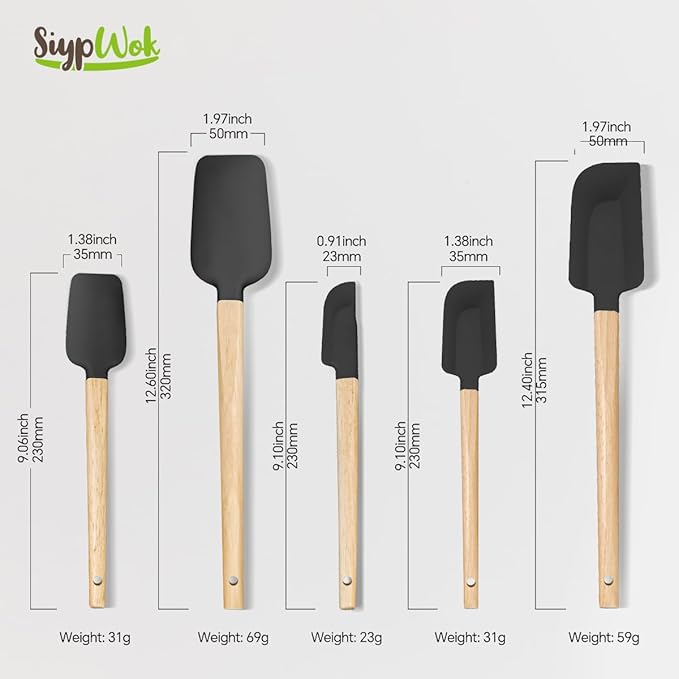 Silicone Spatula Set, Food Grade Rubber Spatula-4 Piece Nonstick Rubber Spatulas, Spoonula, Jar Scraper for Cooking, Baking, Mixing, Frosting - Heat Resistant Up to 600°F (5 Pcs Spatula Black)