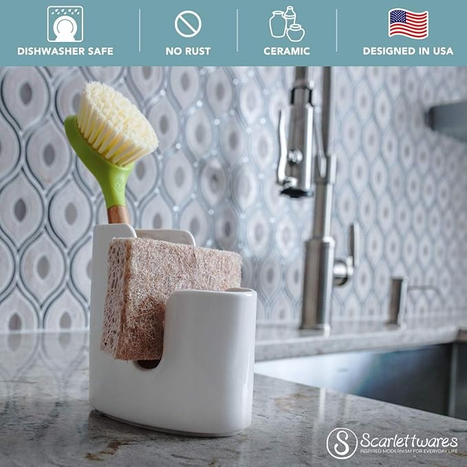 scarlettwares Kitchen Sink Caddy Dish Sponge Holder and Scrub Brush Dish Wand Holder Ceramic White Farmhouse Modern