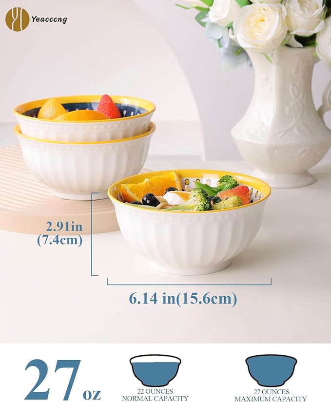 Yeacccng Bohemian Cereal Bowls Set of 4, 27 Oz Ribbed Exterior Ceramic Bowls, 6.14 Inch Lead-Free Scratch-Resistant for Soup/Cereal/Oatmeal/Pasta/Fruit, Dishwasher & Microwave Safe