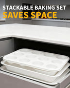Nonstick Baking Pans Set, 19 PCS Stackable Bakeware Sets, Oven Pan Set Includes Baking Tray, Cookie Sheet, Cake Pans, Loaf Pan, Muffin Pan, Silicone Cups