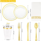 700 Pieces Gold Dinnerware Set - 100 Guests Clear Disposable Dinnerware Set for Party, Wedding, Include: 200 Clear Plates with Gold Trim, 100 Cups, 100 Napkins, 100 Plastic Silverware Sets