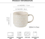 6 Oz Coffee Mugs with Stand - Stackable Ceramic Espresso Cups Set of 4, Embossed Coffee Cups, Porcelain Cappuccino for Latte, Cocoa, Mocha, Tea, Dishwasher Safe, 3 inch