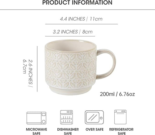 6 Oz Coffee Mugs with Stand - Stackable Ceramic Espresso Cups Set of 4, Embossed Coffee Cups, Porcelain Cappuccino for Latte, Cocoa, Mocha, Tea, Dishwasher Safe, 3 inch