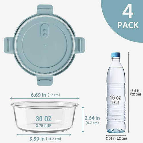 30oz Glass Meal Prep Containers with Lids, Airtight 3.75 Cup Food Storage Containers Set, Heat-Resistant BPA-Free Glass Containers for Soup Leftover, Microwave, Dishwasher, and Freezer Safe (4 Packs)