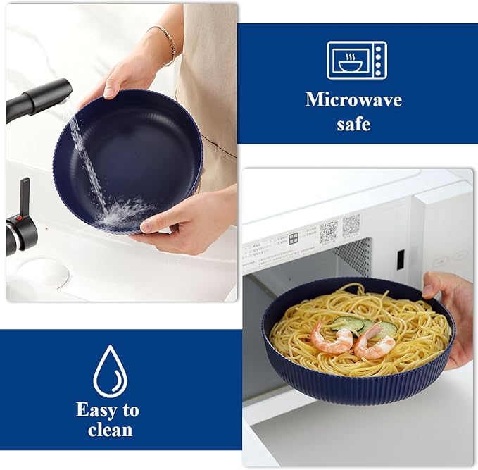 HOMQUEN Pasta Bowls Set of 6, 37oz Salad Bowls Blue Soup Bowls, Large Pasta Serving Bowls, Unbreakable Plastic Dinner Bowls, Dinnerware Sets,Valentines Day Gift, Dishwasher Safe (Blue)