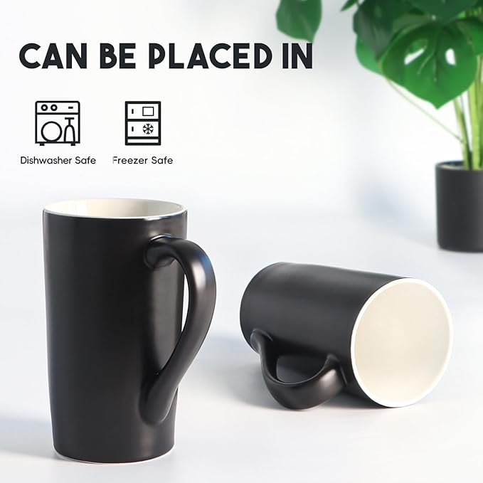 20 OZ Large Diner Coffee Mugs,Tall Beer Cups with Handle Couple's Cups Set of 2,Oversized Cylindrical Design Modern Ceramic Tea Cup for Dad Mom Friends Gift.Matte Black