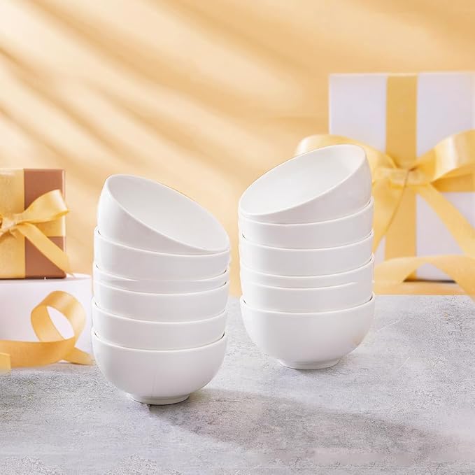 AntoKueh White 4.5in Small Ceramic Bowls 12 OZ, Cereal Bowls Set of 12 for Dessert, Rice, Family dressfamily gatherings, hosting dinner parties