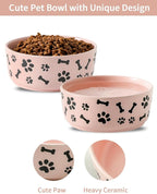 UBEE Ceramic Dog Bowl Set of 2, 5.5 inch Dog Food Bowl Dish with Bone Paw Pattern, Pet Food Water Dish Feeding Plates for Small Dogs, Puppy and Cat, Pink