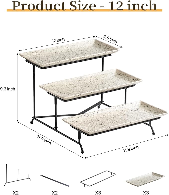 LAUCHUH 3 Tier Serving Tray, Porcelain Serving Platters and Trays for Party 12 Inch Tiered Tray Stand Cupcake Stand with Collapsible Sturdier Rack for Mother's Day Serving Food, Speckled Glaze