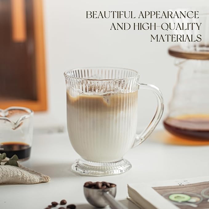 KEMORELA Glass Coffee Mugs Set of 4, Ribbed Large Coffee Mug 16 Oz With Handles for Hot Beverages, Clear Mugs for Tea, Cappuccino, Latte, Espresso Coffee, Glass Coffee Cups Large Coffee Mug